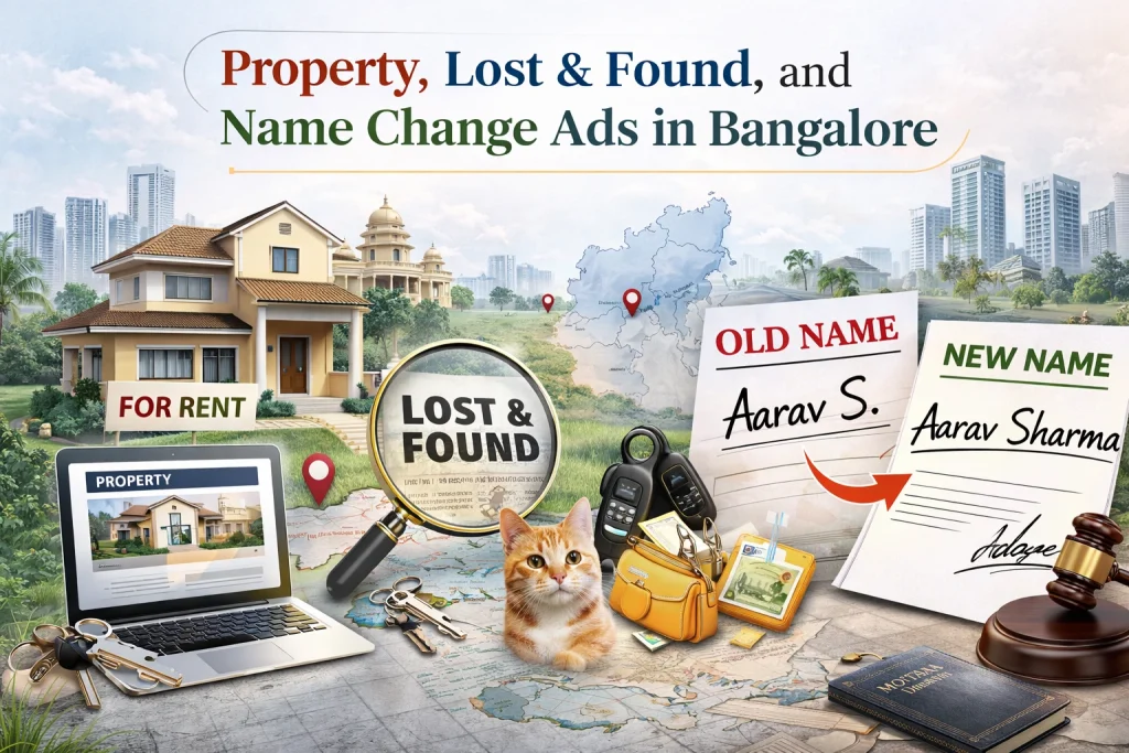 Property, Lost & Found and Name Change Ads in Bangalore