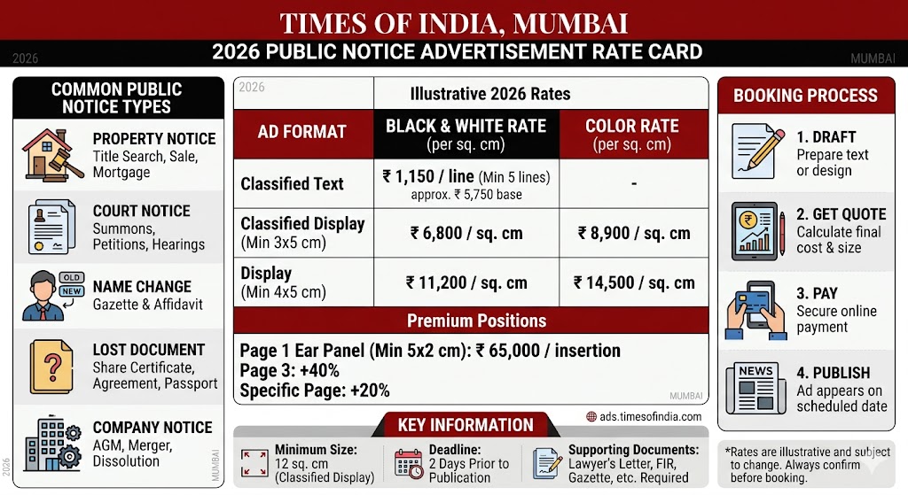 Public Notice Advertisement Rates Times of India Mumbai 2026